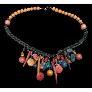 Vintage Rainbow Hand Carved Wood Fringe Necklace